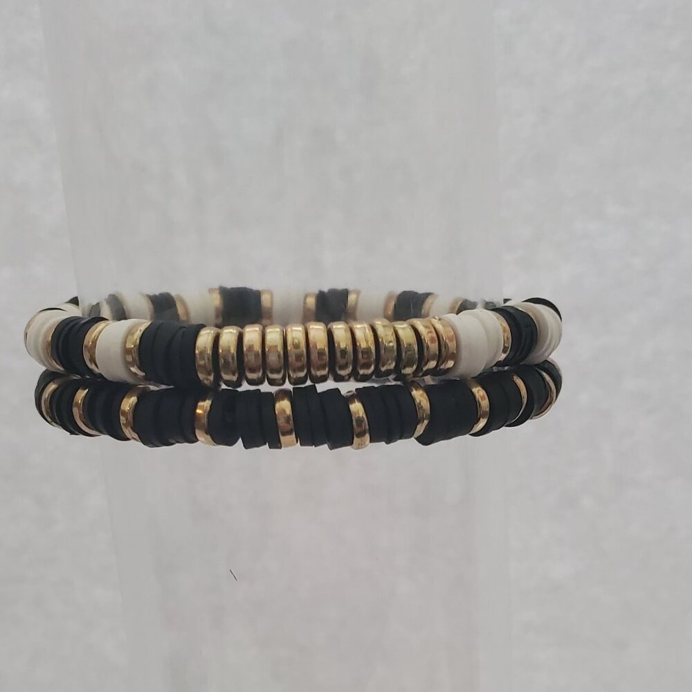 Handmade Black, White & Gold Heishi Bead Bracelet Set – Stackable Polymer Clay S
